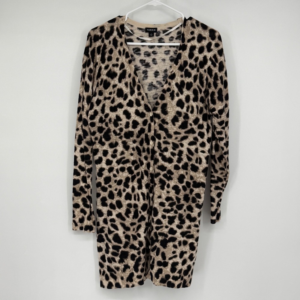 Torrid Leopard Print Longline Cardigan Sweater Tan Black 1 1X